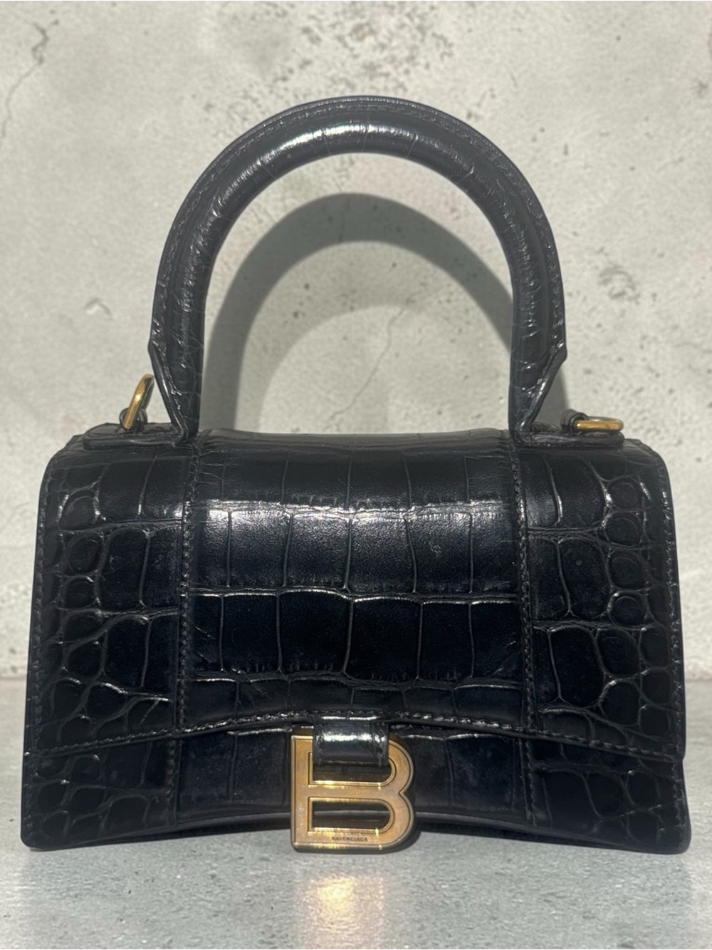 Balenciaga Black Croc-Embossed Mini Top Handle Bag with Gold 'B'